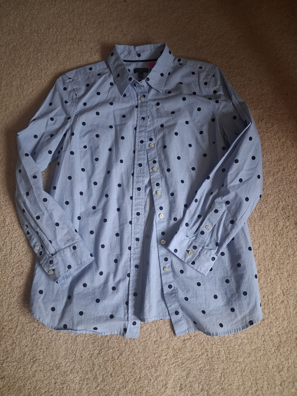 Talbots Light Blue Button-Down Shirt with Navy Polka Dots